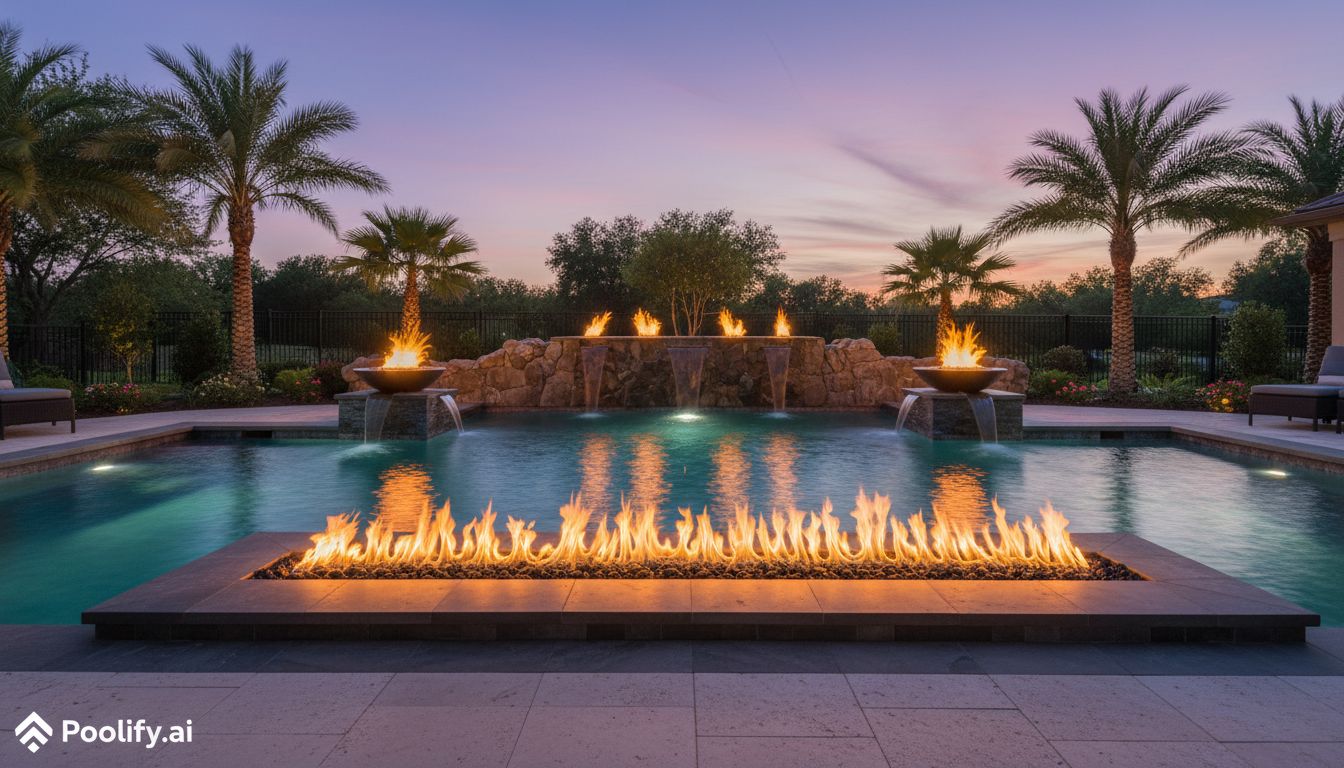 Popular Types of Fire Features for Swimming Pools - pool with fire feature