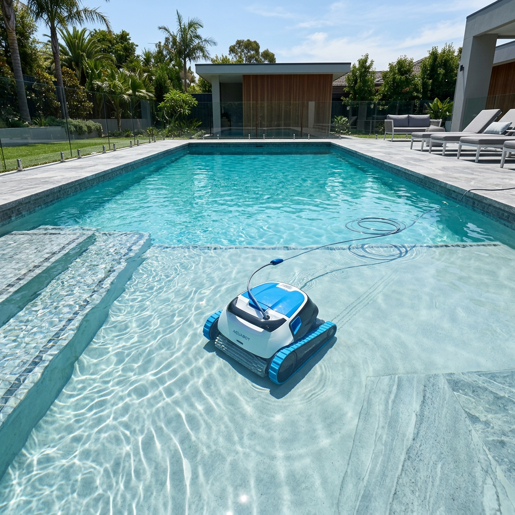 Robotic pool cleaner gliding across a clean backyard swimming pool